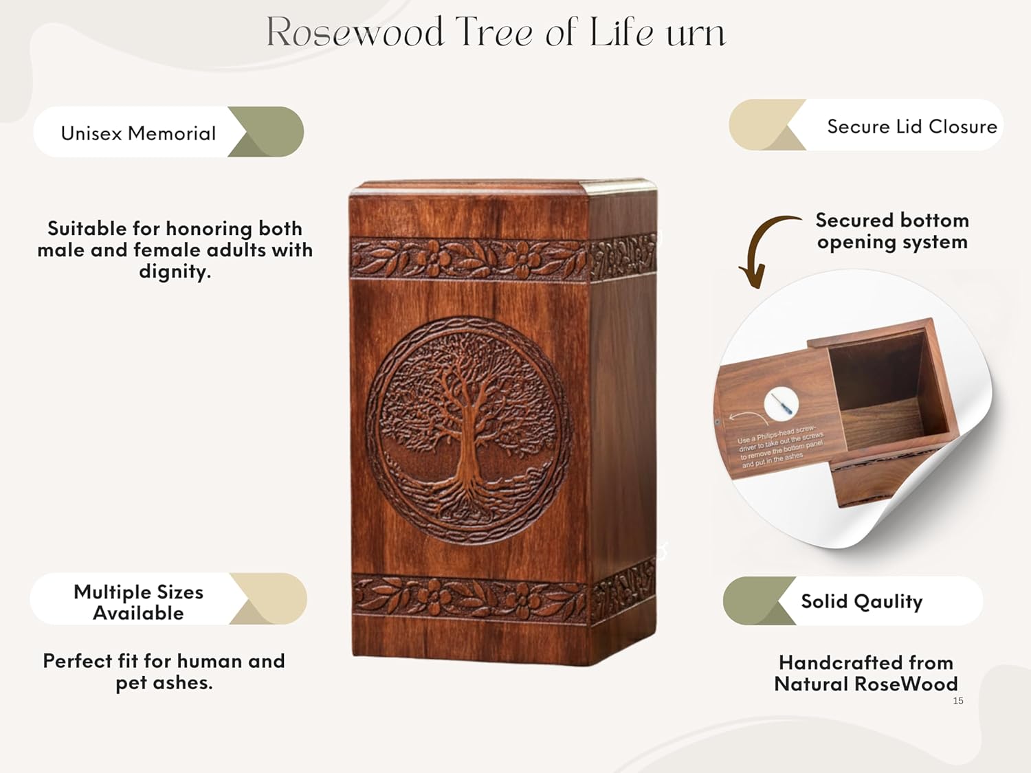 Rosewood Urn for Human Ashes - Tree of Life Wooden Box - Personalized Cremation Urn for Ashes Handcrafted Large Wooden Urn Box (L(11.25X6.25”) 250CU), Rosewood Natural Colour (MOO03)