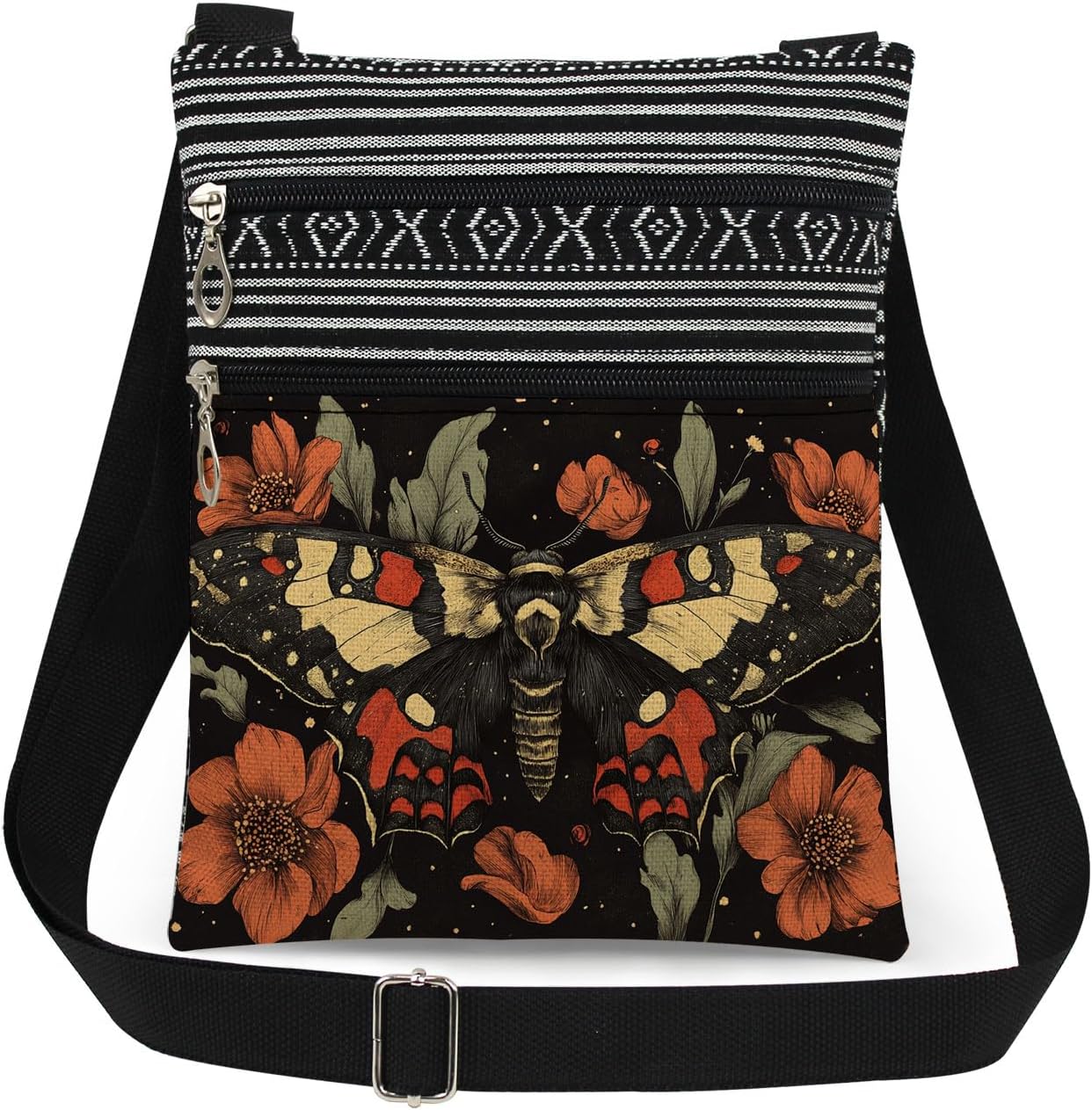 Colorful Moth Crossbody Bag Red Flowers with Leaves Print for Women Adjustable Shoulder Strap Messenger Bag Travel Zipper Wallet Birthday Gift or Christmas Present​​ for Friend