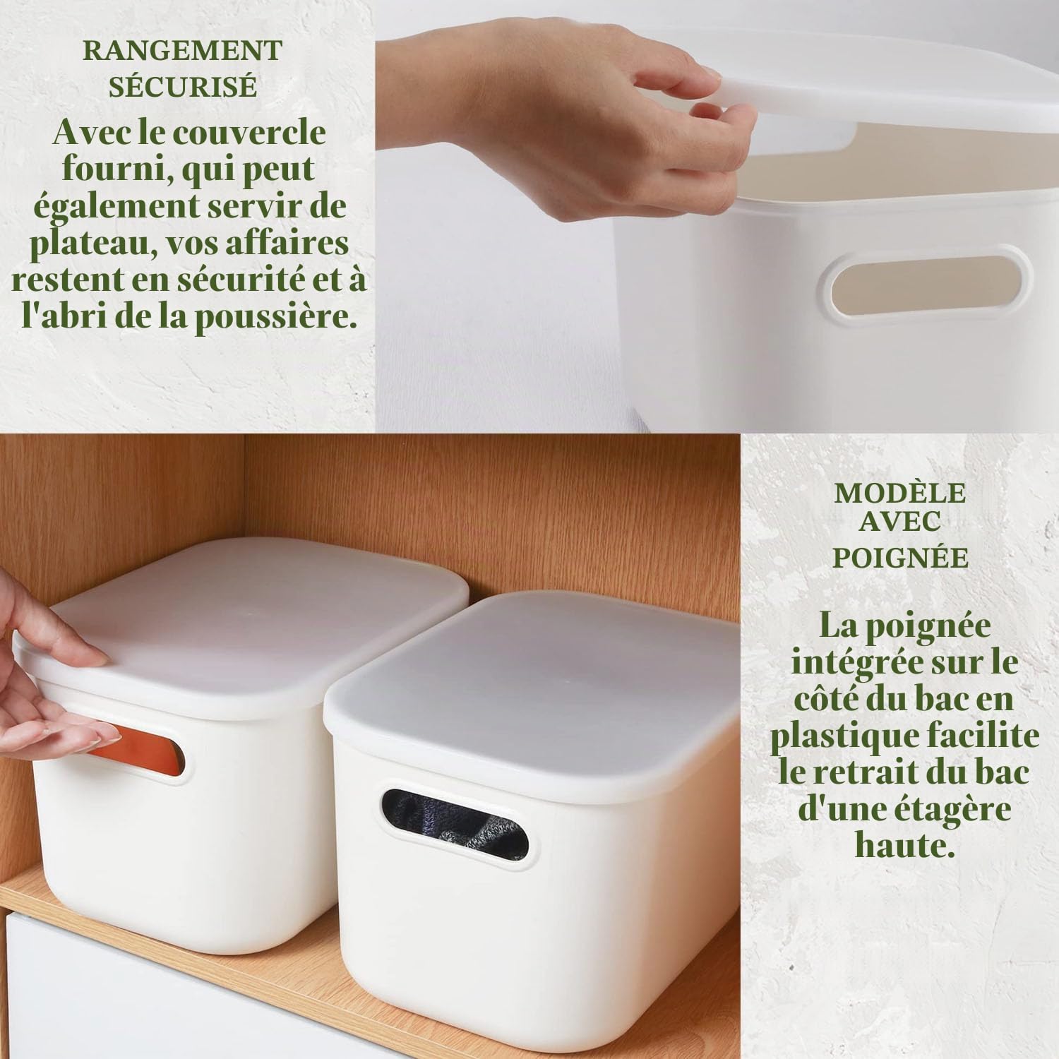 Boîte de rangement avec couvercle, 6 pièces boîtes en plastique avec poignée, paniers de rangement polyvalents, boîtes de rangement pour cuisine, salle de bain, bureau étagère (6 pièces : 2S