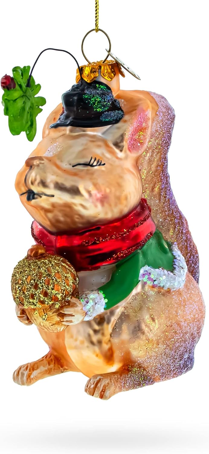 Squirrel Cradling an Acorn Blown Glass Christmas Ornament