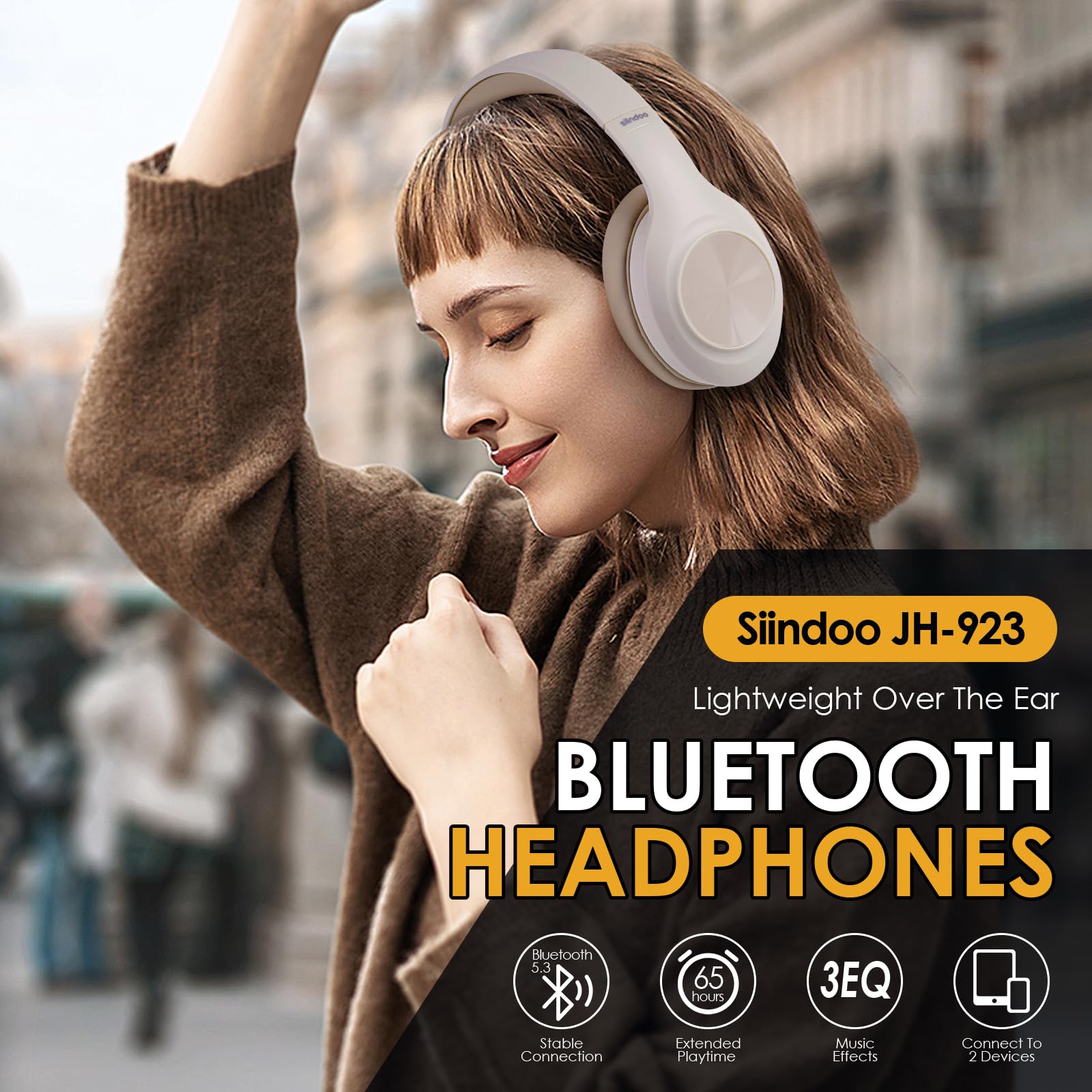 Siindoo JH-923 Wireless Headphones Over Ear, 65H Playtime, 3EQ Sound Modes, Hi-Res Audio with Deep Bass Microphone,Foldable Lightweight Bluetooth Headphones for Travel/Office/Cellphone/PC (Khaki)