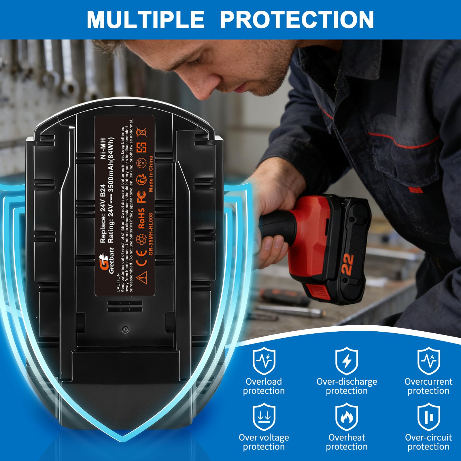 Batería de Ni-MH de 24V y 3500mAh para Hilti WSR 650-A, WSC 6.5 UH, 240-A, WSC 55-A24 Te 2-A, SFL 24. Sustituye a B24, B 24/3.0, B 24/2.0 y B24/2/3-24V.