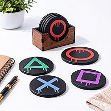 Gaming Theme Drink Coasters Set of 4 with Wooden Holder – Non-Slip MDF Cup Pads for Table Protection – Gamer Desk Accessories for Home, Office