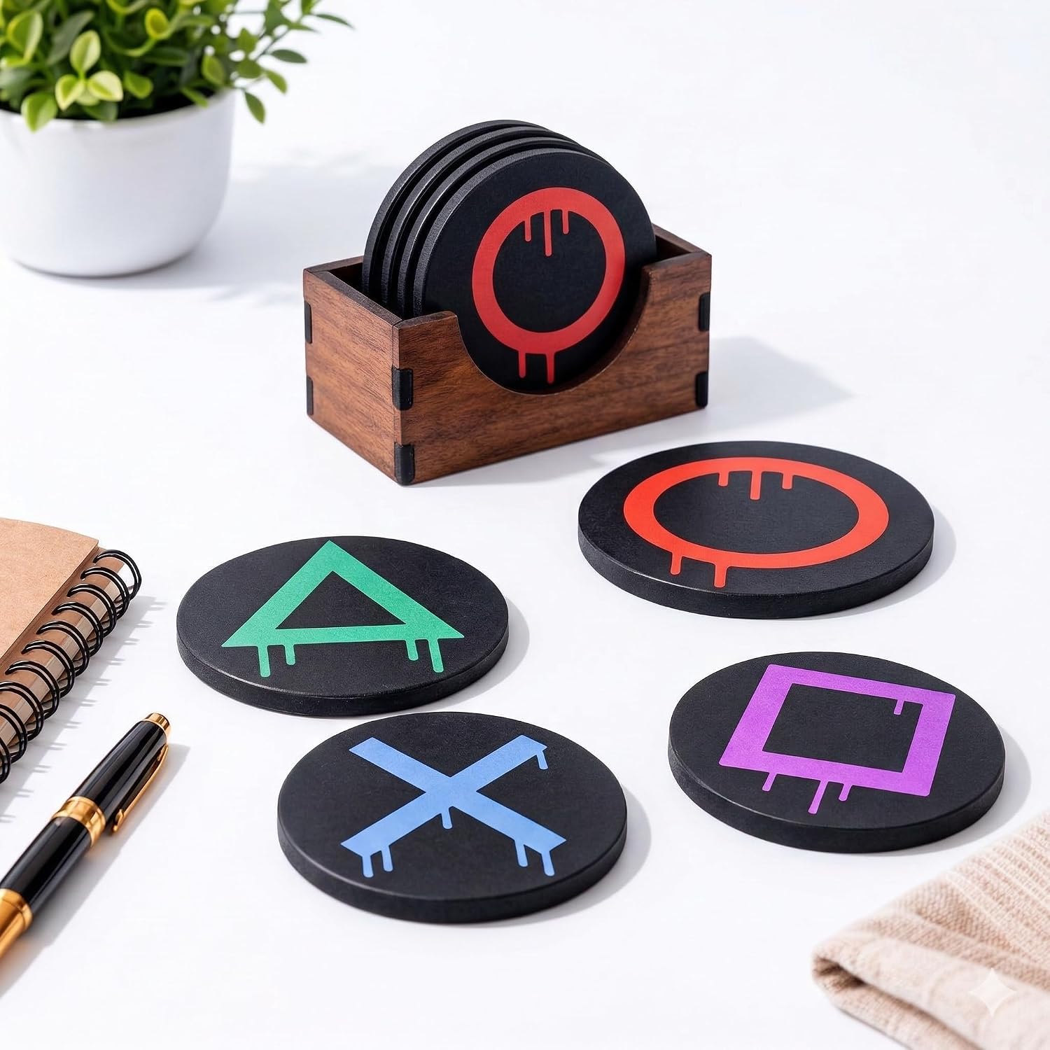 Gaming Theme Drink Coasters Set of 4 with Wooden Holder – Non-Slip MDF Cup Pads for Table Protection – Gamer Desk Accessories for Home, Office