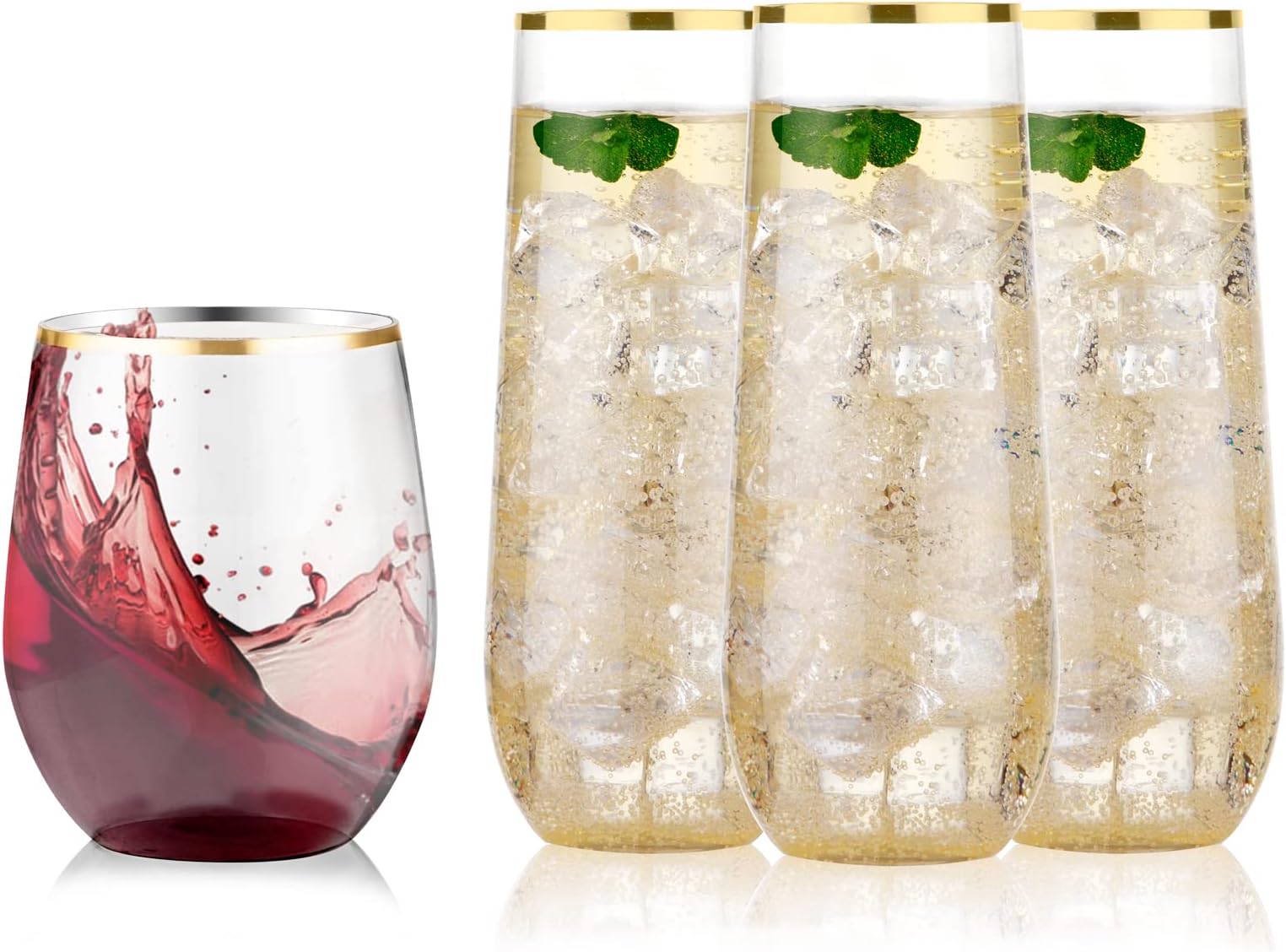 SUT24PCS Gold Plastic Glasses Set, Include 12 Pack Plastic Champagne Flutes 9oz & 12 Pack Plastic Wine Glasses 12oz, Unbreakable Shatterproof Reusable and BPA-Free Disposable Cups for Party, Wedding