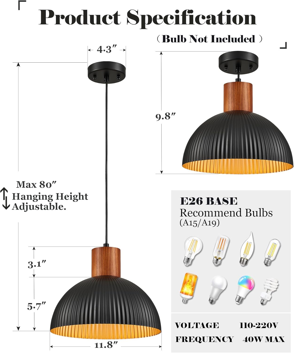 ELYONA 12" Ash Wood Dome Pendant Light Hanging Lamp with Black Metal Shade & Gold Inner Finish, Modern Pendant Light Fixtures for Farmhouse Kitchen Island Dining Room Bedroom Living Room Hallway