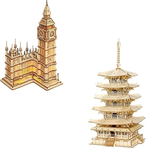 Rowood Rompecabezas de madera 3D para adultos, paquete de pagoda de cinco pisos de bricolaje Big Ben, kits de modelo de madera para adultos, regalos