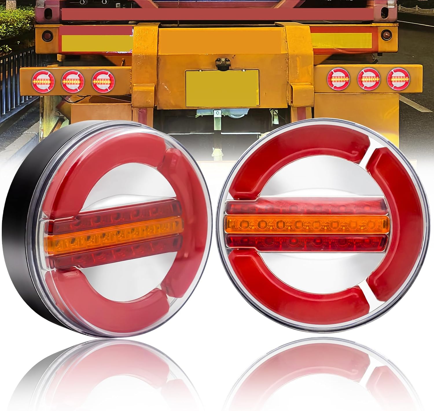 LED round trailer tail lights, 5.6 Inches brake tail lights for trailer, 24V red and amber lights sequential flowing lamp 2pc