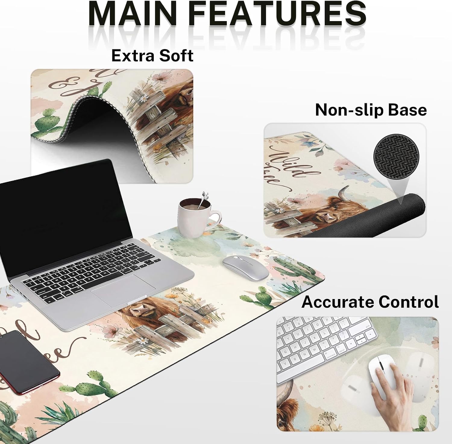Arttown Cow Boho Desk Mat Cactus Mouse Pad Set 4 in 1 Ergonomic Design Large Mouse Pad + Keyboard Wrist Rest + Mouse Wrist Rest + Coaster Suitable for Home Office Study Game