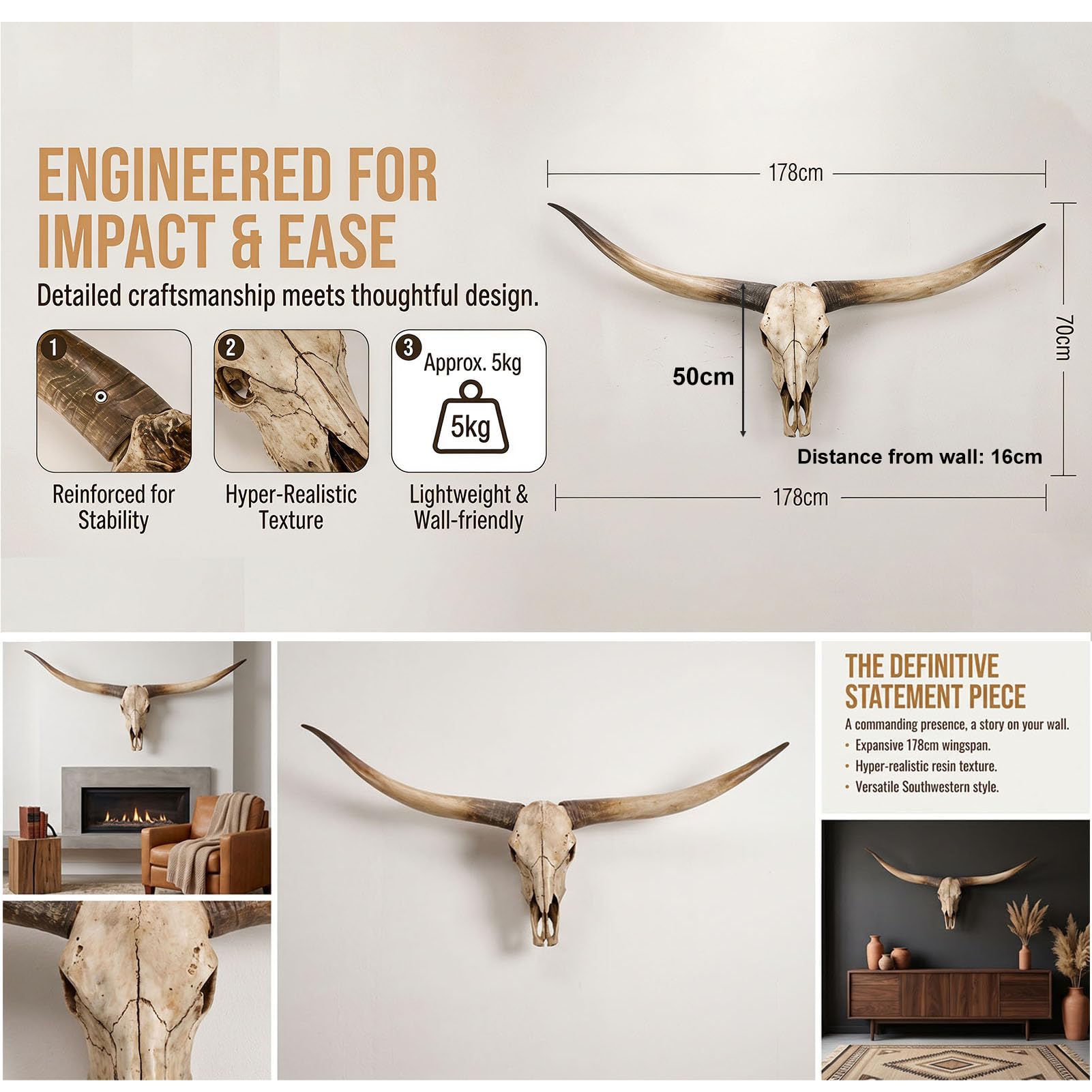 178cm Décoration Murale Longhorn,Résine Faux Cornes de Taureau Taxidermie