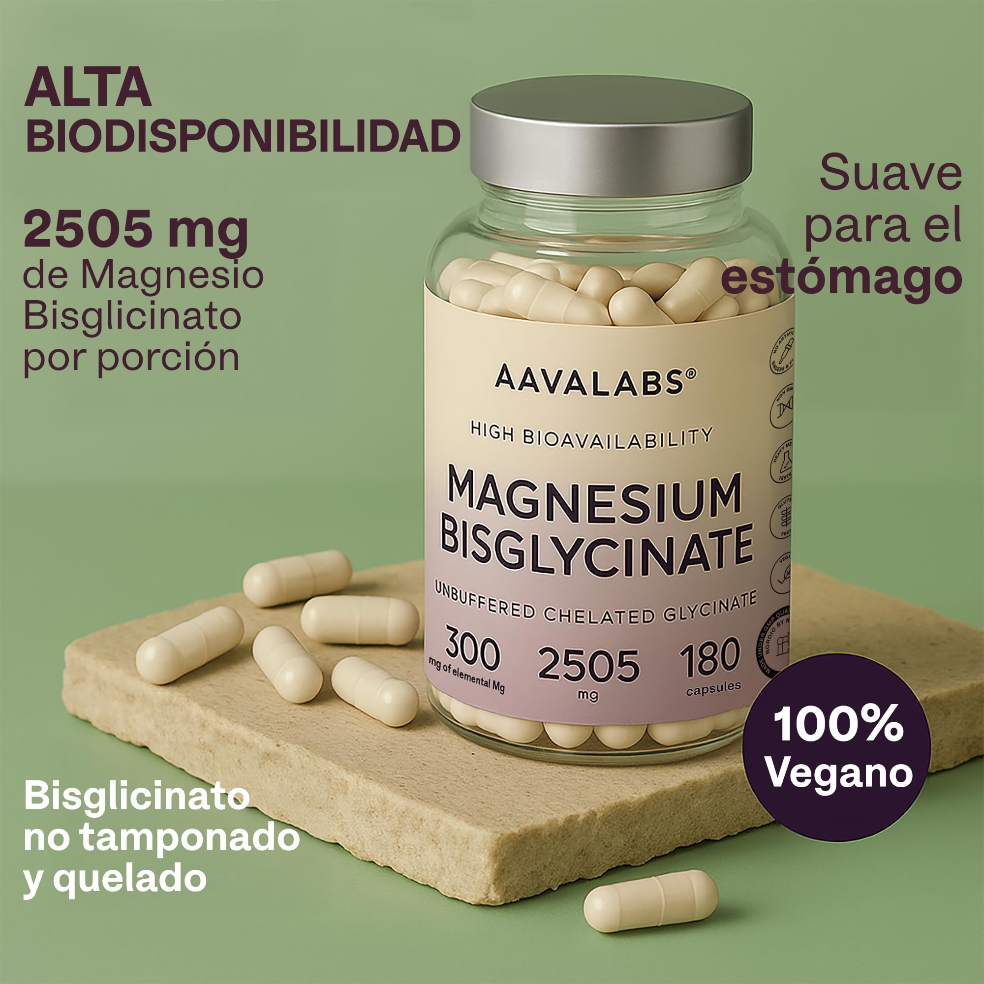 Bisglicinato de Magnesio Quelado – Magnesio Bisglicinato de Alta Biodisponibilidad y Absorción – 180 Glicinato de Magnesium cápsulas - Vegano