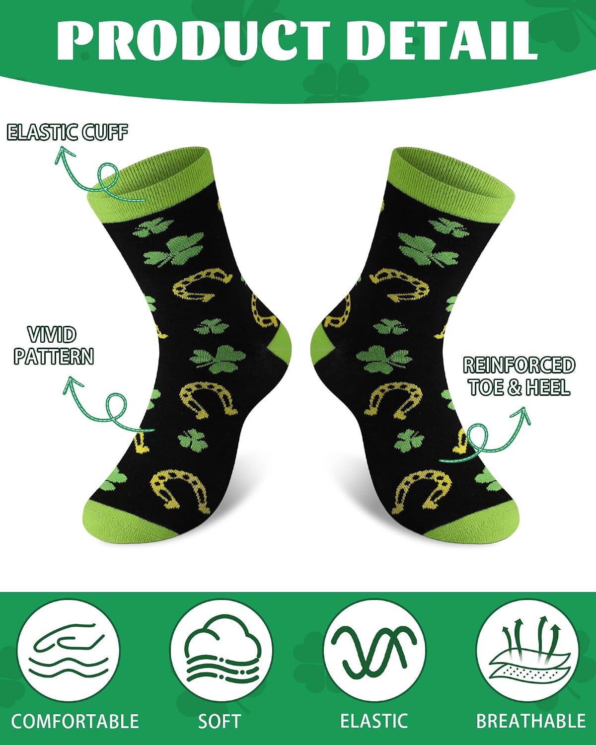 Skicuff 8 Pairs St. Patrick's Day Socks for Youth Teen Boys Girls Novelty Green Shamrock Stripe Crew Socks Funny Irish Luck Gifts