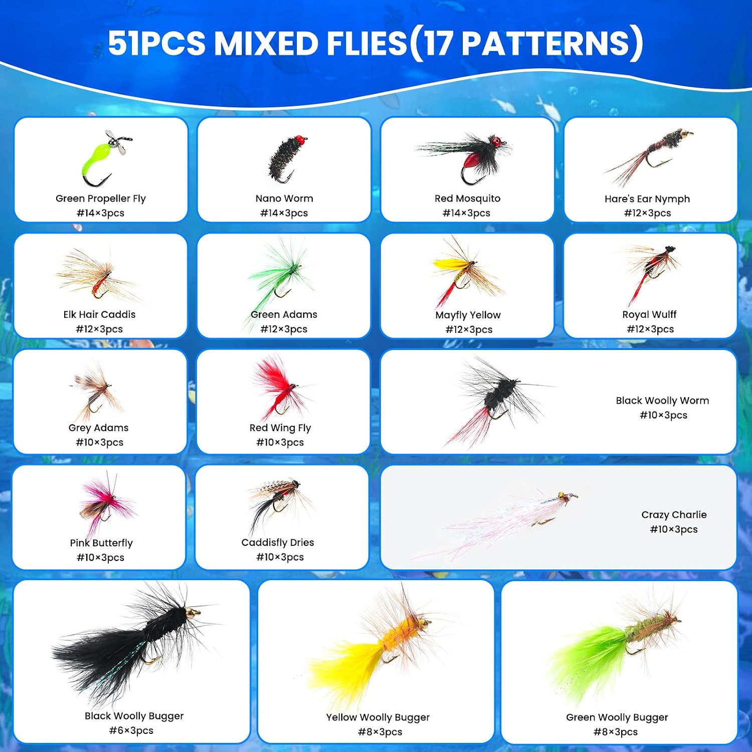 51Pcs Fly Fishing Flies Assortment Kit, Dry Wet Flies for Trout Bass | Feather body, sharp hooks, assorted hook sizes, lifelike drift, includes storage box