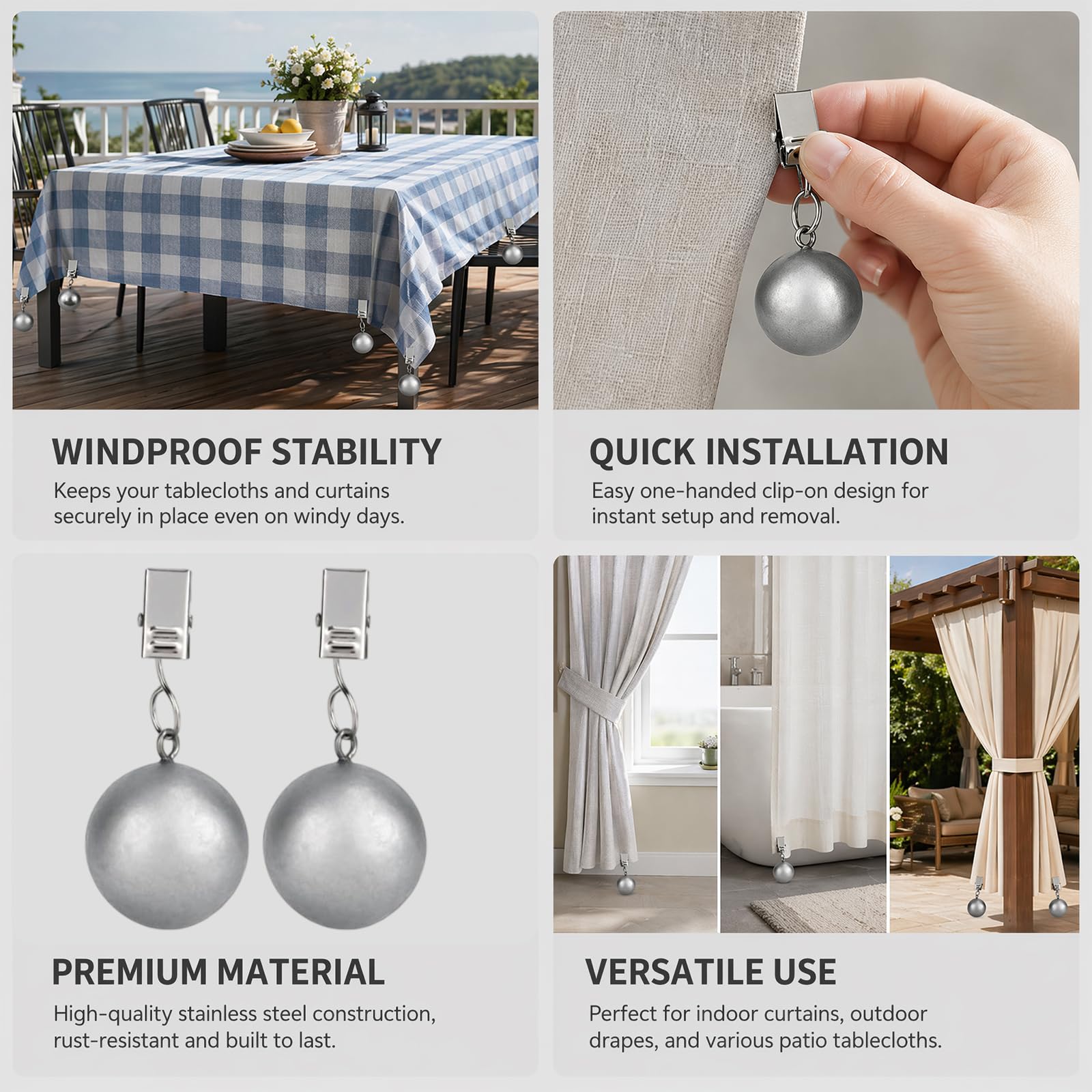 Pesi per tovaglia in Acciaio Inox Massiccio 66g, Confezione da 10 Pezzi con Clip Fissaggio, contrappesi per Tende, Bandiere, Picnic Esterni, balconi e Campeggio Giardino