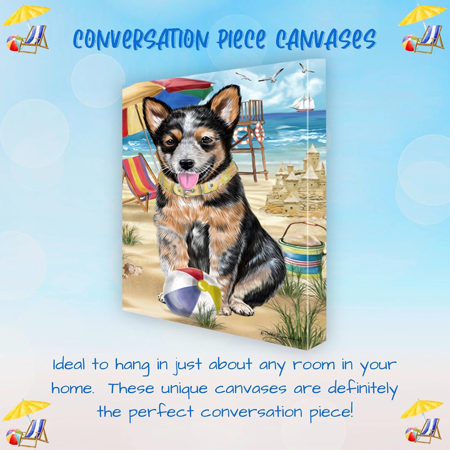 Doggie of the Day Pet Beach with Australian Cattle Dog Canvas Wall Art - Premium Quality Ready to Hang Room Decor - Flat Rolled 16" x 20"