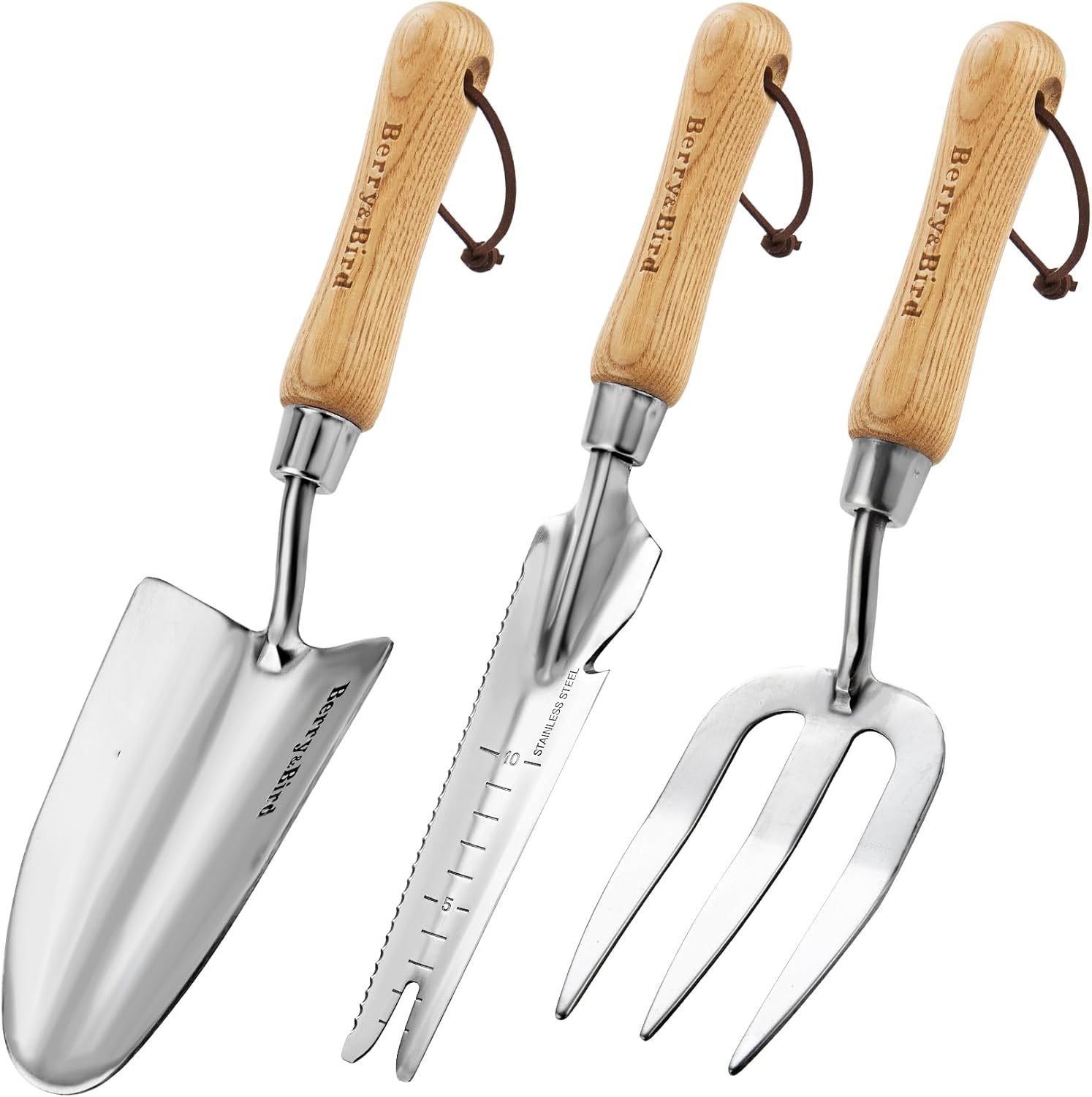 Berry&Bird Gardening Hand Tool Set – 3PCS Stainless Steel Garden Tool Kit Multifunctional Tool with Wooden Handle Trowel, Fork & Weeder for Weeding Planting Transplant, Ideal Garden Gift for Women&Men
