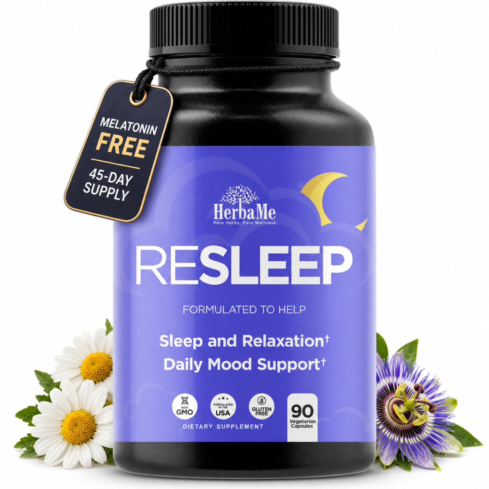HerbaMe Melatonin Free Sleep Aid for Relaxation with Valerian &amp; Chamomile