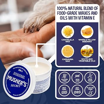 Mushers Secret Dog Paw Wax 200g Natural Paw Balm for Dogs with Vitamin E Helps Protect Paws from Hot Pavement, Ice & Salt Moisturizes Cracked Pads Lick-Safe, Non-Toxic Dog Paw Protector