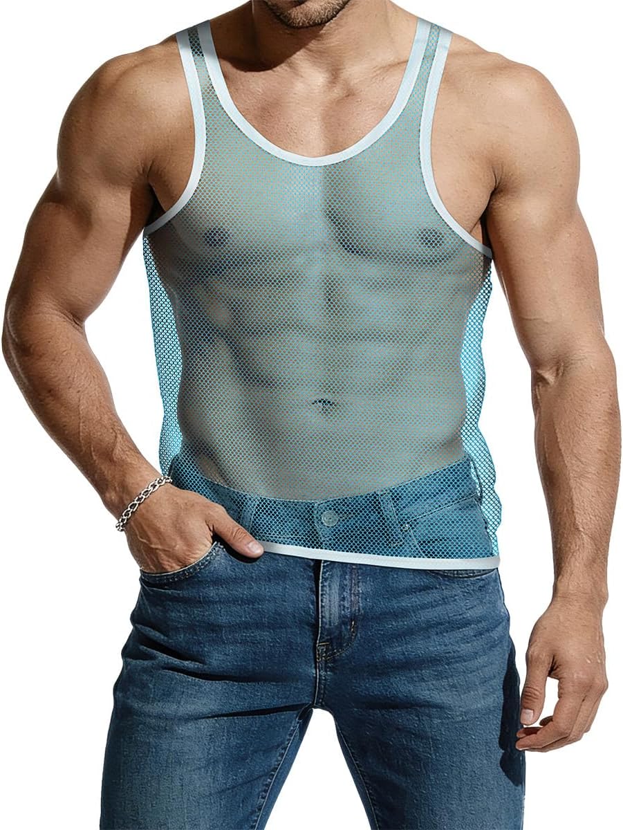 Mens Mesh Sparkly Tank Top See Through Sheer Fishnet Vest Crewneck Sleeveless Muscle Shirts
