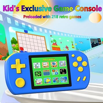Handheld Games for Kids Preloaded 218 Retro Video Games, Portable Gaming System with 3.0 Screen Rechargeable Battery, Mini Travel Electronic Toy Birthday Gifts for Boys Girls (Blue)