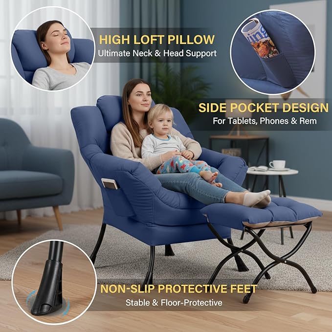 Sillón Lounge Grande con Puf y Bolsillo Lateral, Azul miniatura 4