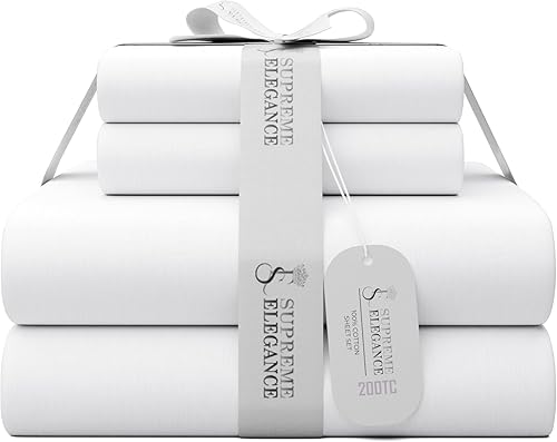 SUPREME ELEGANCE Juego de sábanas tamaño King 100% algodón Blanco ártico, juego de 4 piezas de percal, sábanas frescas y crujientes, ultra ligeras