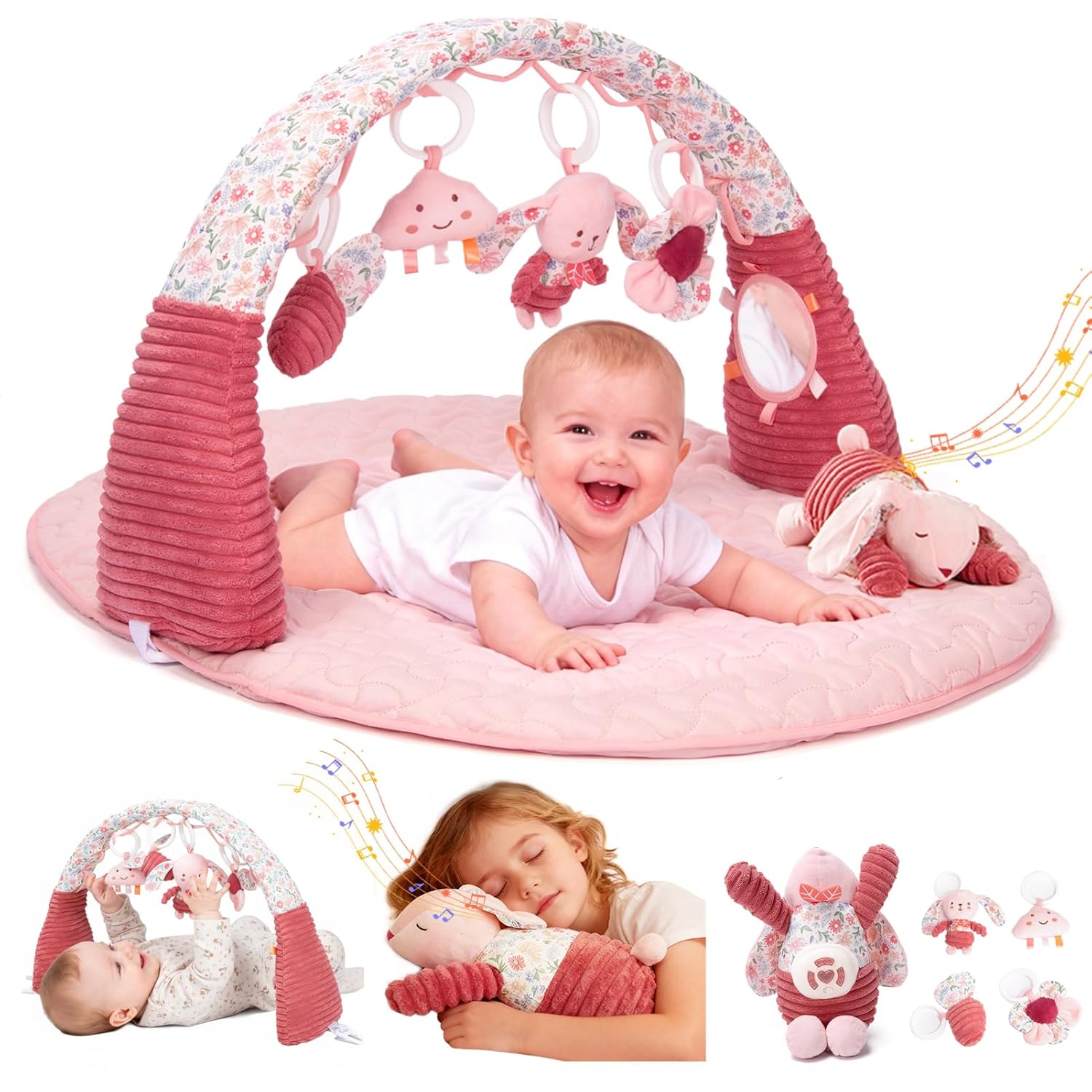 Baby Gym Play Mat with 5 Detachable Sensory Toys, Musical & Light Infant Newborn Gifts, Tummy Time Play Mat for Babies 0-6 Months & 6-12 Months