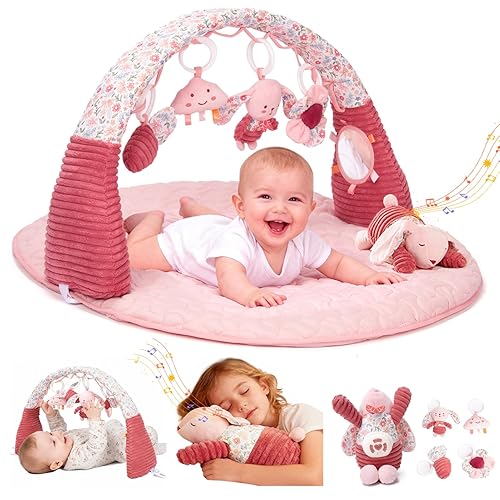 Bolsa de arena para bebés con tapete de actividad, tapete de juego para bebés de 0 a 6 meses y 6 a 12 meses, gimnasio de juego rosa con juguetes
