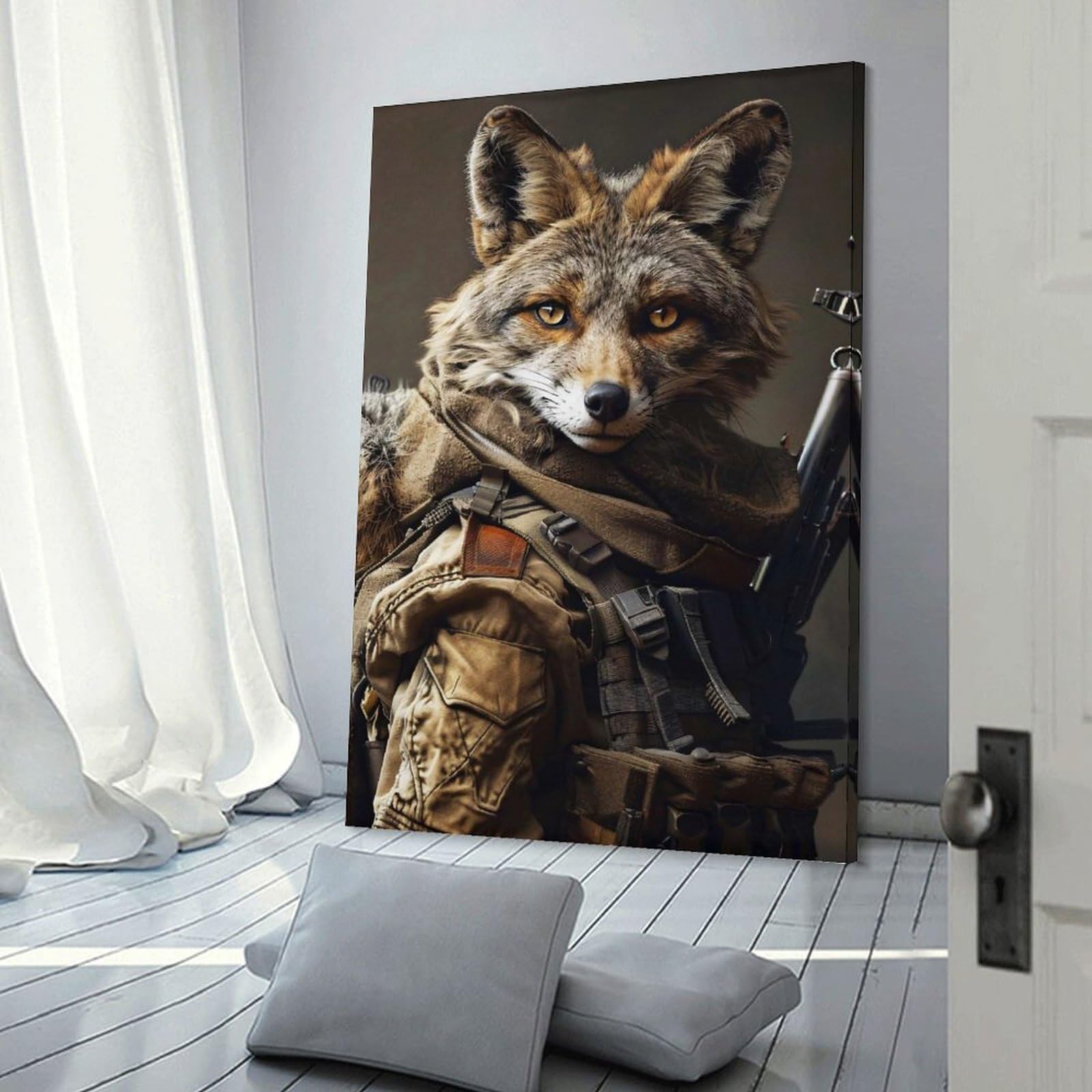 Junmoney Frame-Style-18 Canvas Wall Art Anthropomorphic Coyote Soldier Portrait, 24X36inch(60X90cm), For Bedroom, Lounge Or Dressing Area, Canvas Wall Decor For Personal Spaces