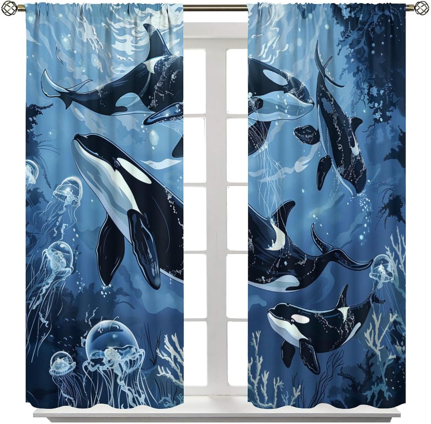 Nature Orca Jellyfish Blackout Curtains for Bedroom/Living Room, Undersea Marine Animal Curtains Rod Pocket Thermal Insulated Window Drapes, 2 Panels/Each 21" W x 63" L