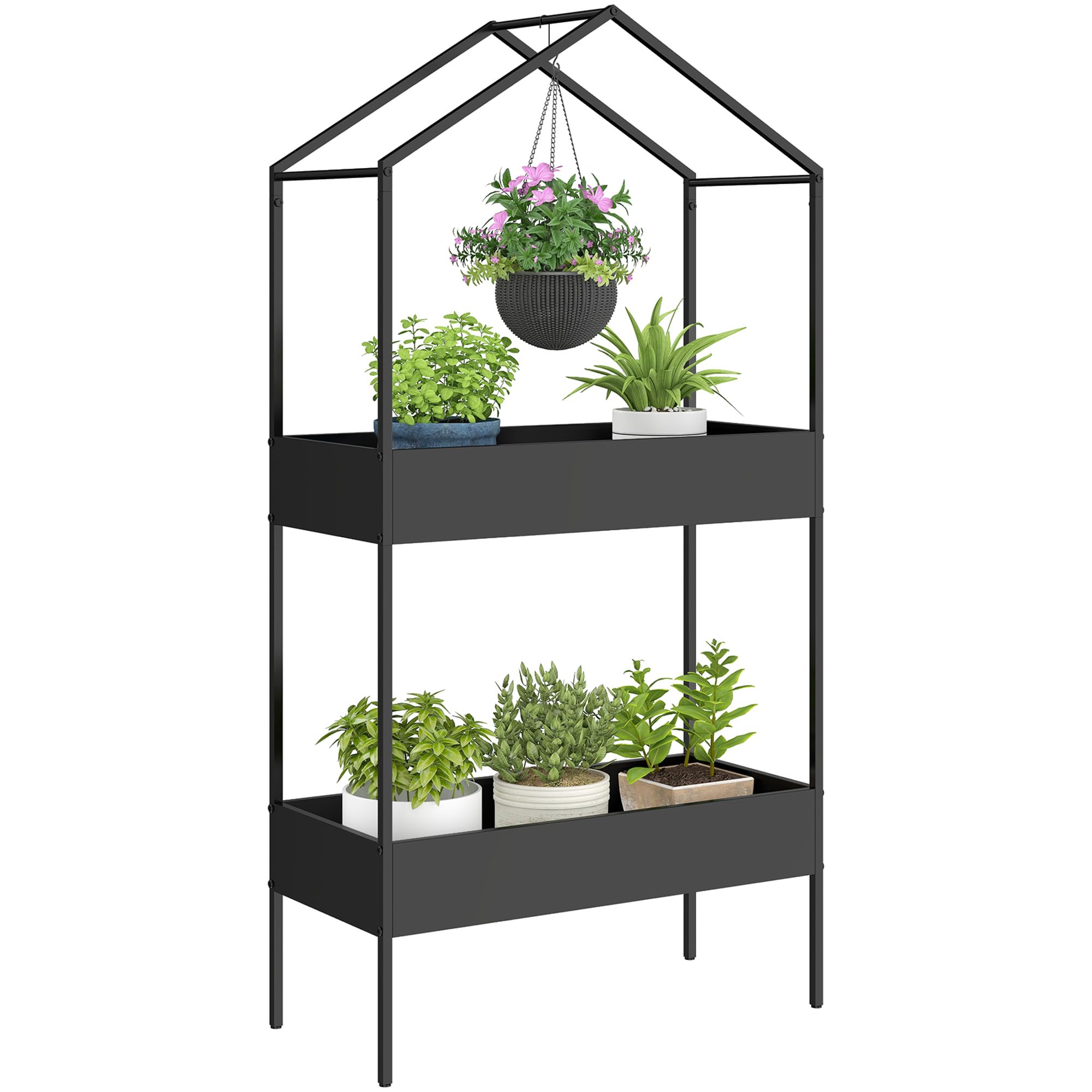 Outsunny 2 Tier Plant Stand, Outdoor Indoor Metal Plant Stand With Hook