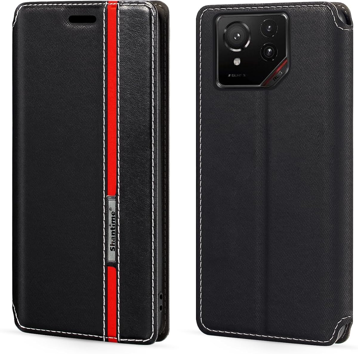 Funda de cuero con tapa para ROG Phone 9 Pro - Negro | Funda magnética invisible delgada de 6,78 pulgadas con ranura para tarjetas, diseño clásico de rayas en contraste