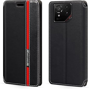 Flip Leather Case for ROG Phone 9 Pro - Black | 6.78" Slim Invisible Magnetic Cover with Card Slot, Classic Stripe Contrast Color Design