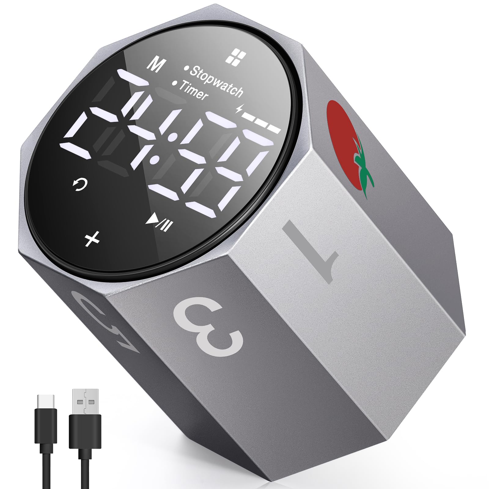 Digital Pomodoro Timer,Frosted Metal Productivity Octagon Timer,1.8in LED Digital Large Screen and Auto-Rotating Display,1/3/5/10/25/30/60min & Custom Time,Silent & Alarm,for Office,Study,Work(Gray)
