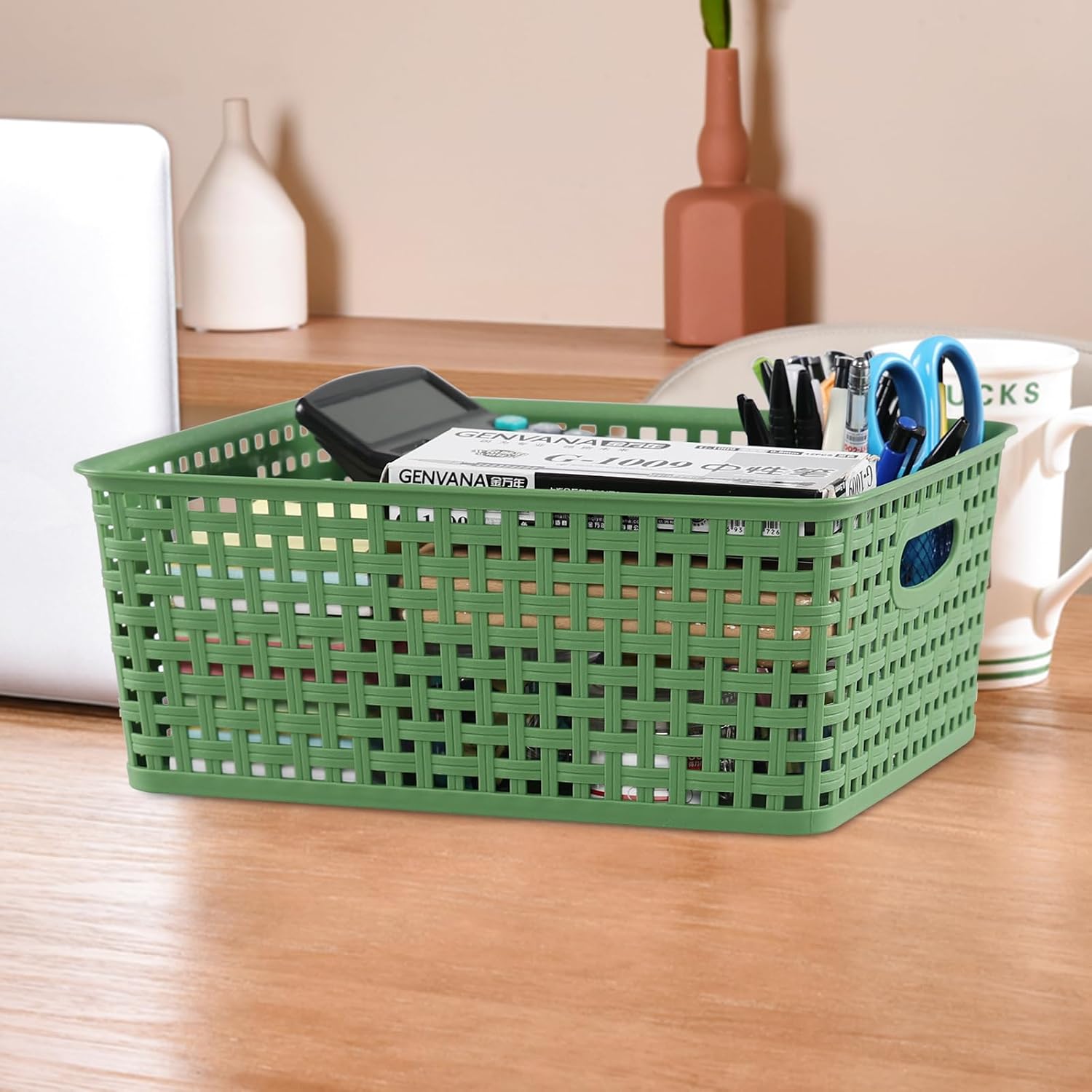 Medium Plastic Baskets for Organizing, Plastic Woven Storage Basket, 4 Packs