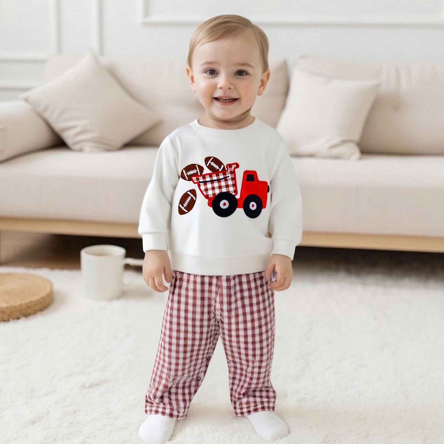 Toddler Baby Boy Football Outfit Fall Winter Clothes Game Day Print Crewneck Sweatshirt and Pants Clothes Sets Apricot 12-18 Months image 3 of 7 B0FCMHT1DT