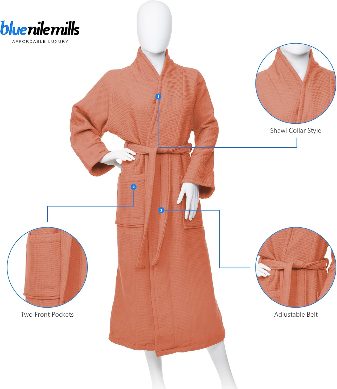 BLUENILEMILLS Hotel & Spa Coral Robe, Delicate Waffle Weave, 100% Cotton, Unisex Bathrobe for Women and Men, Extra-Large Size