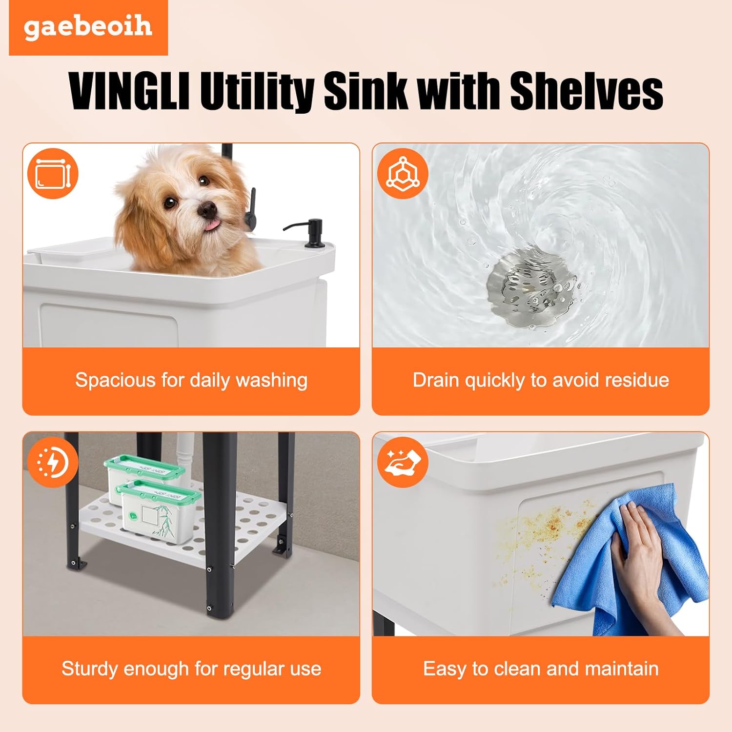 Space Saver Utility Sink Laundry Tub, Freestanding Plastic Laundry Sink Compact Shop Sinks Portable Single Bowl Washing Hand Basin w/Hot & Cold Faucet and Storage Rack for Garage Pet (White)