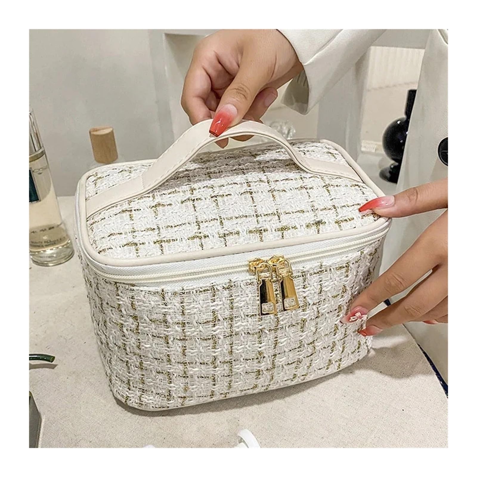 Bolsa Maquillaje Bolso de Mujer, Bolso de Maquillaje de Estilo Tejido, portátil, Bolsa de Maquillaje portátil, Bolsa de Almacenamiento Grande de Moda