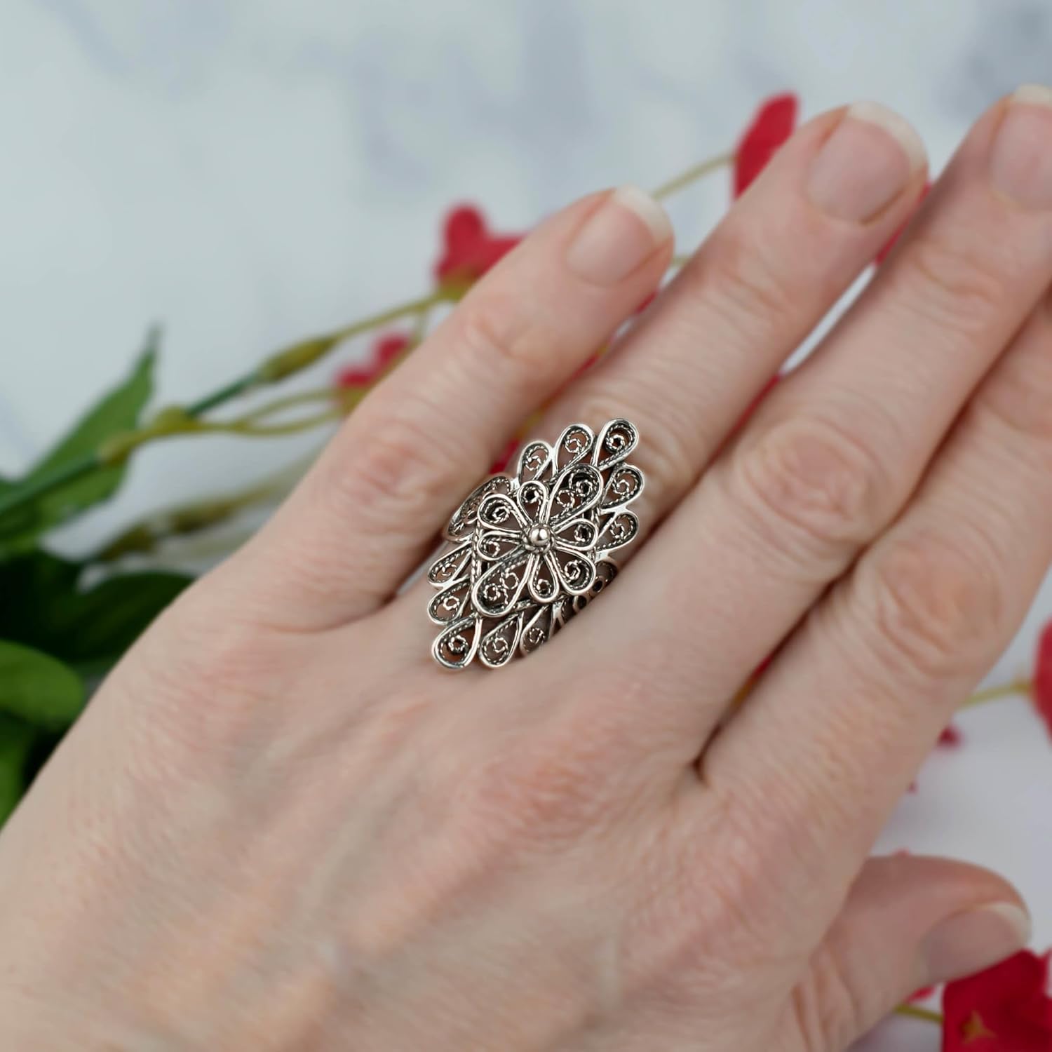 Filigranist 925 Sterling Silver Artisan Made Handcrafted Lace Embroidery Filigree Art Flower Theme Woman Cocktail Statement Ring