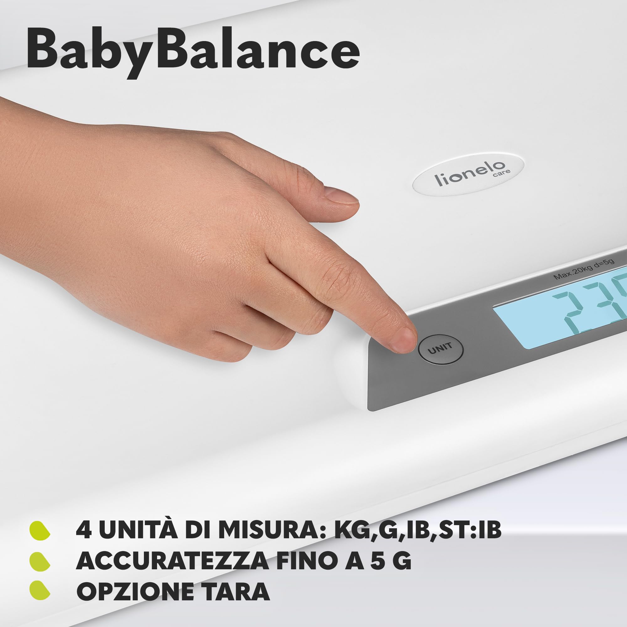 LIONELO BABYBALANCE bilancia elettronica per neonati, bilancia pesa neonati fino a 20kg, ampio display, funzione di tara, memorizzazione dell'ultima misurazione, pesatura precisa con incrementi di 5 g