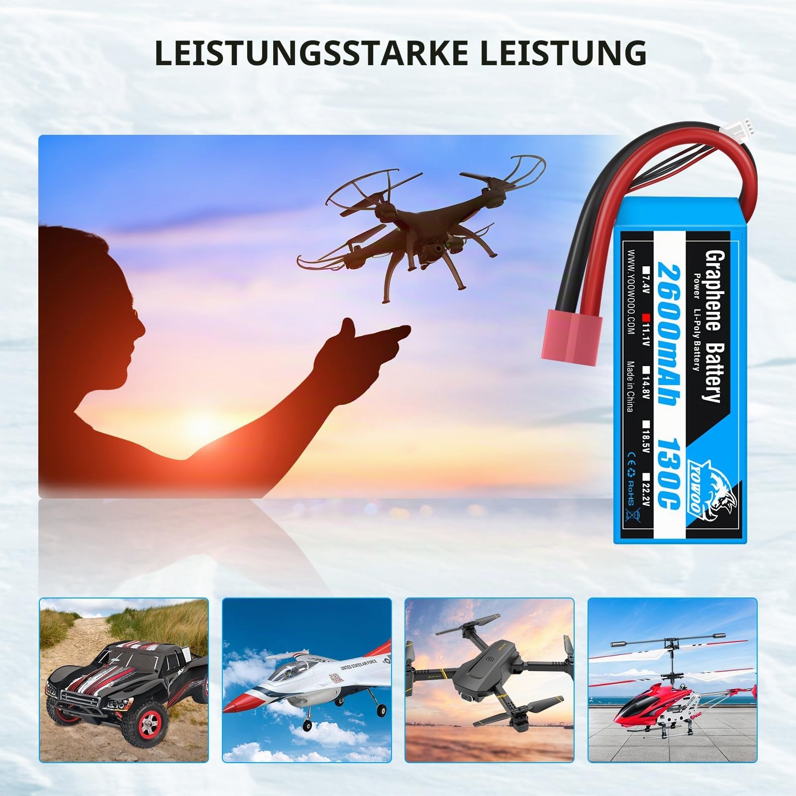 Yowoo 2 Pack 3S LiPo Akku 2600mAh 11.1V 130C mit Deans T Stecker Graphene Akku für Easy-Pro Glider PZ P-47 Addiction X 3D Plane Large Park Flyers