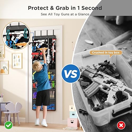 Miniatura 5 de Organizador sobre la Puerta para Pistolas de Juguete, Colgador de Puerta de Almacenamiento de Juguetes con Bolsillos y Ranuras para Lanzadores de