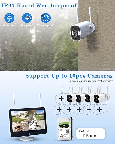 Miniatura 7 de Lente dual 2K+2K y 10X Zoom Sistema de cámara de seguridad inalámbrica para el hogar con monitor LCD de 12.5 pulgadas al aire libre, kit de 10