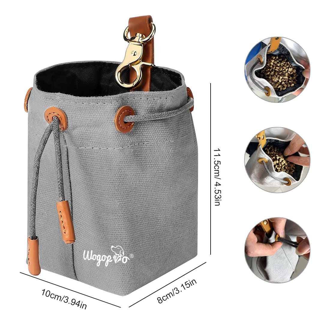 Sacchetto per cani in tela con clip e corda, per addestramento del cane (grigio)