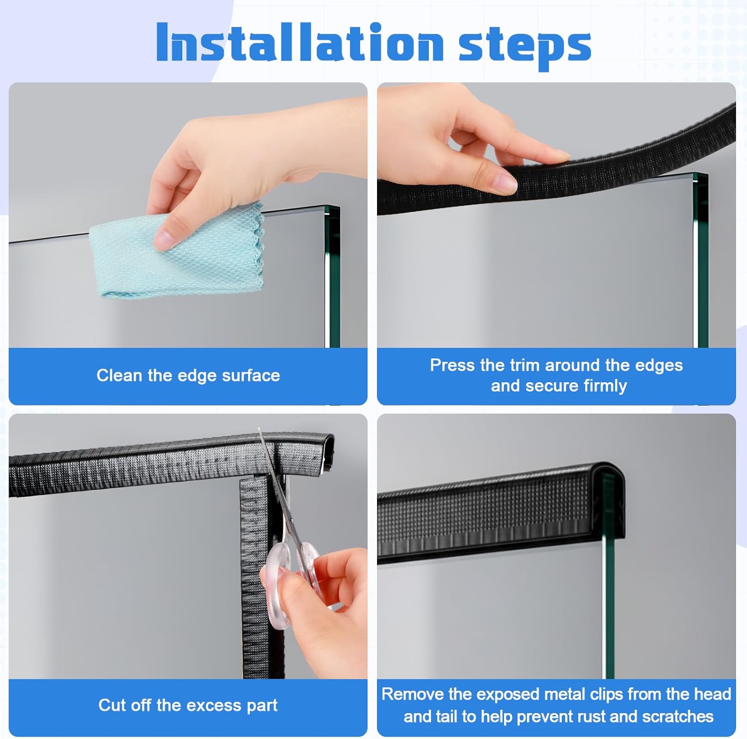 20ft U-Shape Edge Trim Fits 1/2" Edge, Rubber Strip with Metal Clips for Edges Protector, Black Edges Banding Strip for Sharp/Rough Surface, Tables, Cars, Door Frame, Boat & More