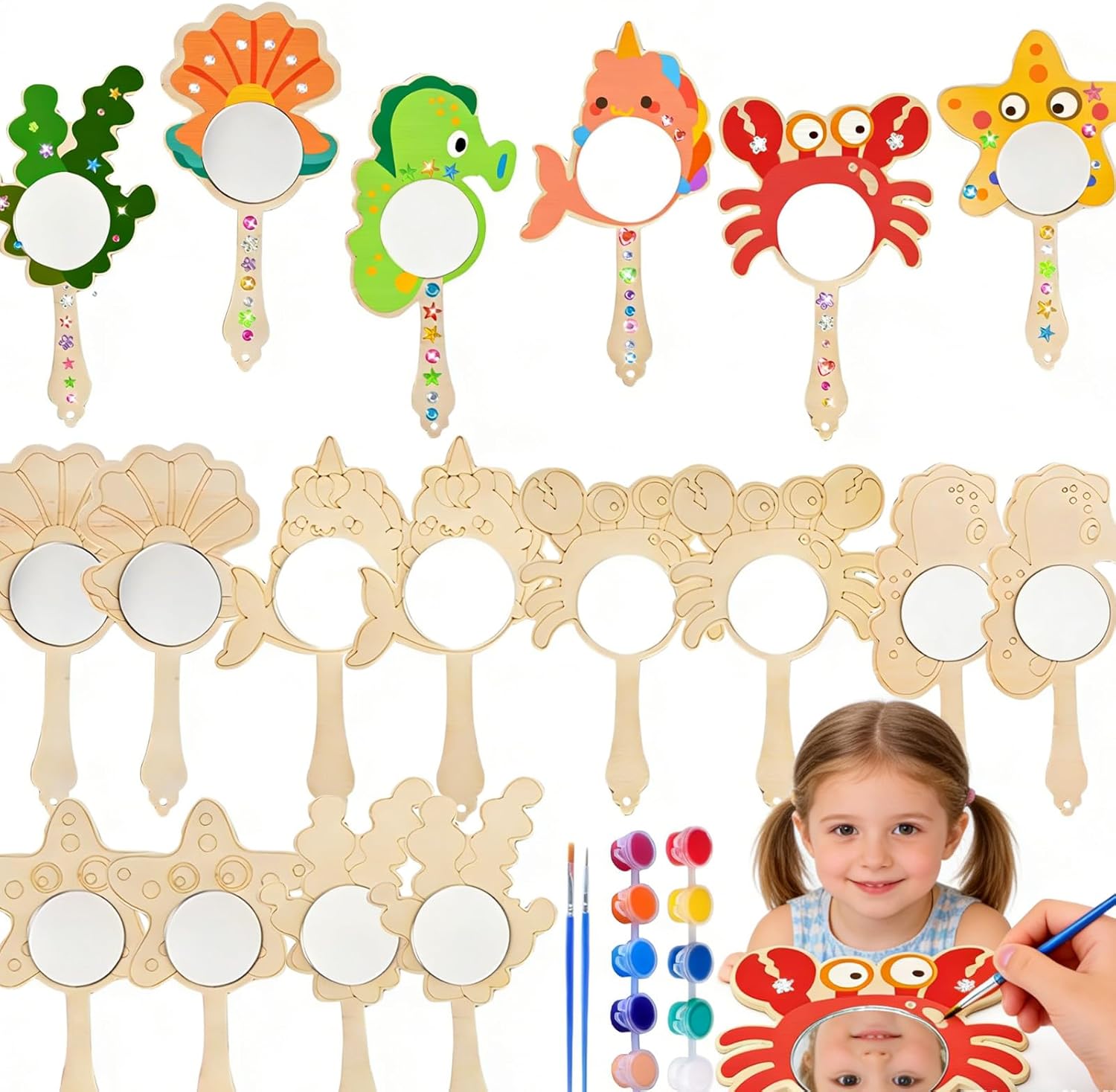 Wowagoga 12 Pack Wooden Mirror Craft for Kids, DIY Wooden Hand, DIY Decorative Ocean Animal for Crafts Paint Art Activities