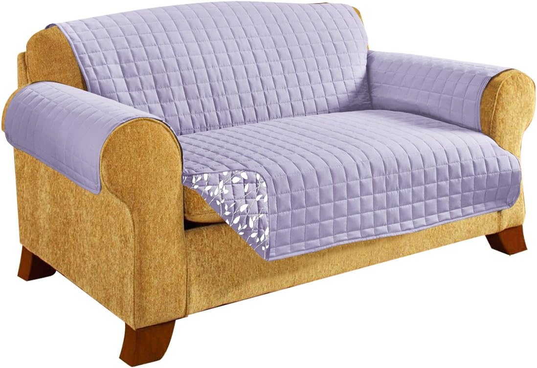CELINE LINEN Quilted Furniture Protector for Pet Dog Children Kids -2 Ties to Stop Slipping Off Treatment Microfiber As Soft as Egyptian Cotton, Lilac Leaf Sofa