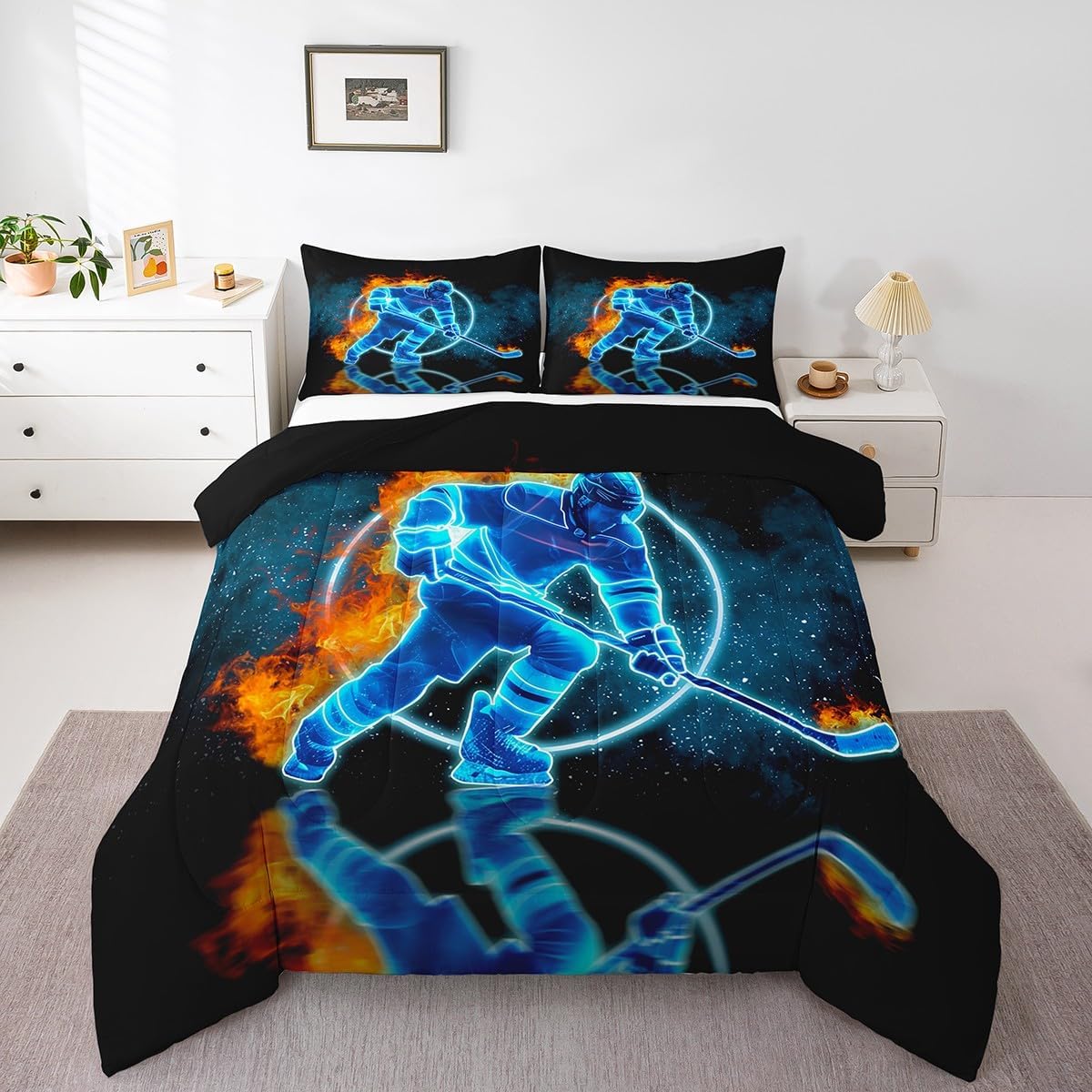 Erosebridal Ice Hockey Comforter Set Queen Hockey Player Duvet Set Competitive Game Bedding Set Winter Sport Comforter Set Ice and Fire Comforter Set Galaxy Geometric Bedding Set, Blue