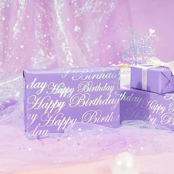 WRAPAHOLIC Reversible Birthday Wrapping Paper - Mini Roll - 17 Inch x 9.8 Feet - Puprle and Silver Foil Happy Birthday Wrapping Paper for Girls, Women, Kids, Baby Shower